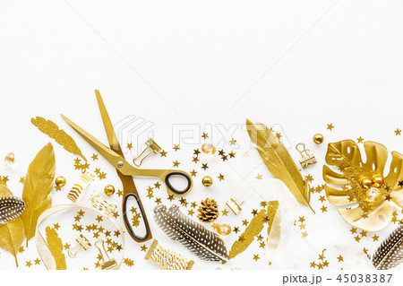 Flat Lay on White Background with Golden Deco Flat Lay on White Background with Golden Deco 45038387