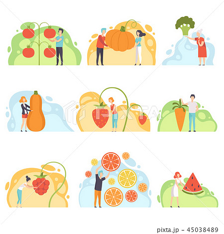 People with giant vegetables set, faceless man and woman standing next to huge vegetables and 45038489
