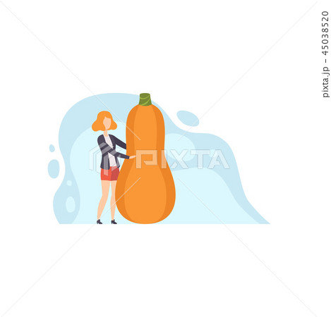 Young woman standing next to giant butternut squash vector Illustration on a white background 45038520