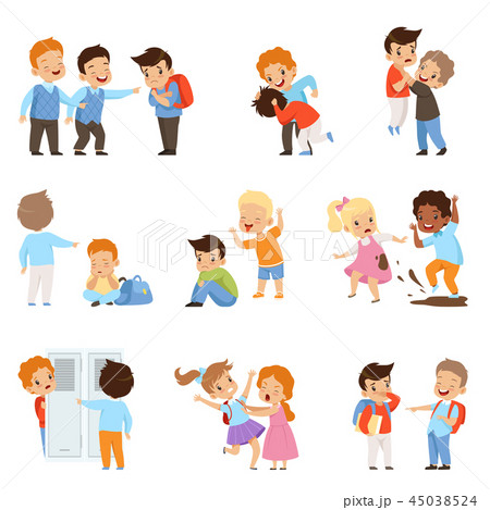Kids bullying the weaks set, boys and girls mocking classmates, bad behavior, conflict between Kids bullying the weaks set, boys and girls mocking classmates, bad behavior, conflict between 45038524