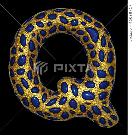 Golden shining metallic 3D with blue glass symbol capital letter Q - uppercase isolated on black. 45039717