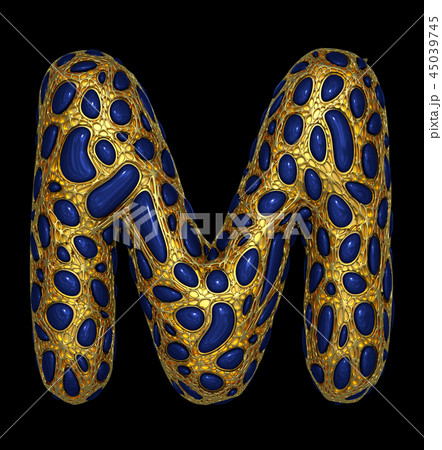 Golden shining metallic 3D with blue glass symbol capital letter M - uppercase isolated on black. 45039745