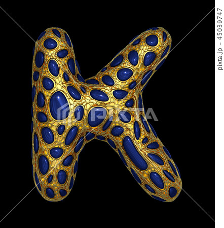 Golden shining metallic 3D with blue glass symbol capital letter K - uppercase isolated on black. 45039747