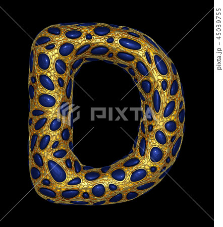 Golden shining metallic 3D with blue glass symbol capital letter D - uppercase isolated on black. 45039755