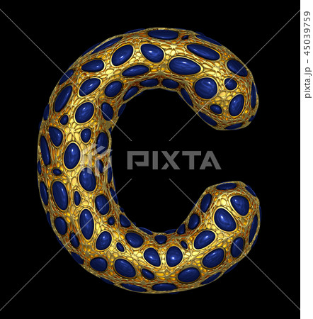 Golden shining metallic 3D with blue glass symbol capital letter C - uppercase isolated on black. 45039759