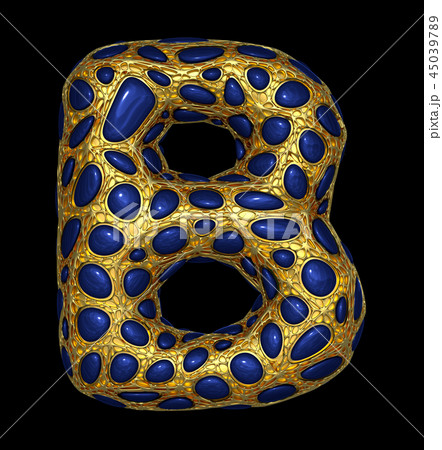 Golden shining metallic 3D with blue glass symbol capital letter B - uppercase isolated on black. 45039789