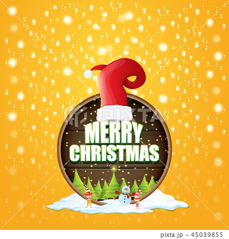 vector Christmas label with red santa hat, tree , snow, cartoon snowman , kids elves and greeting vector Christmas label with red santa hat, tree , snow, cartoon snowman , kids elves and greeting 45039855