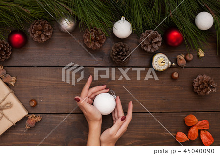 Christmas background new year gifts toys balls fruits nuts 45040090