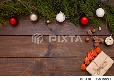 Christmas background Christmas tree Toys Gifts nuts fruits 45040094