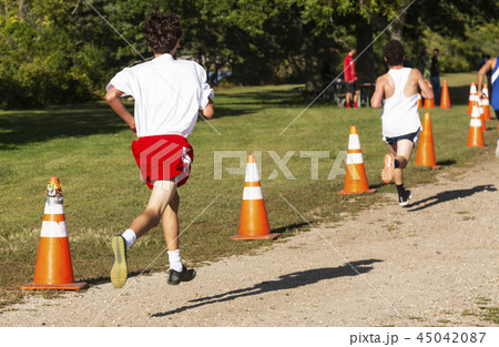 Cross country runners finishing a race from behind 45042087