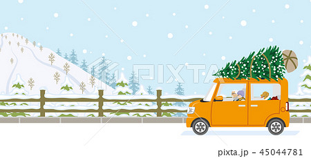 モミの木を積んだ車に乗るシニアカップルと犬 冬の雪道のイラスト素材