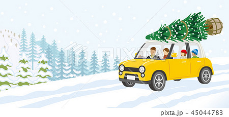 モミの木を積んだ車に乗る家族 雪の山道のイラスト素材
