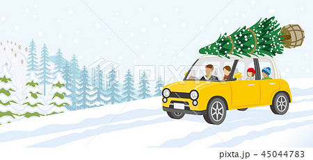 モミの木を積んだ車に乗る家族 雪の山道のイラスト素材 モミの木を積んだ車に乗る家族 雪の山道のイラスト素材