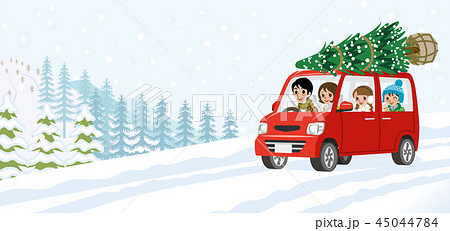 モミの木を積んだ車に乗る笑顔の家族 雪の山道のイラスト素材