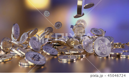 3D rendering Bitcoins falling on a pile 45046724