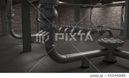 Large industrial boiler, pipes and valves room 3d illustration 45046886