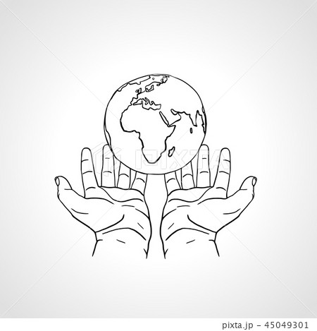 Hands holding the Earth. Two palms hold the globe. Environment concept. Hand drawn sketch vector Hands holding the Earth. Two palms hold the globe. Environment concept. Hand drawn sketch vector 45049301