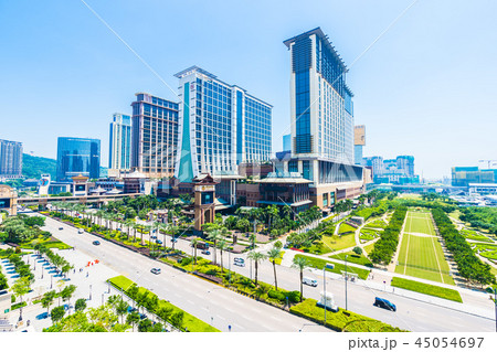 China, Macau - September 11 2018 - Beautiful luxury exterior architecture building of hotel resort in macau city skyline 45054697