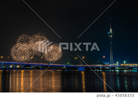 Beautiful firework with macau tower is landmark of macau city 45056355