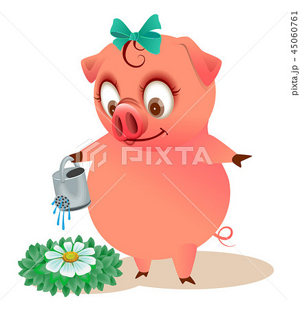 Cute piggy watering flower cartoon animal gardener 45060761