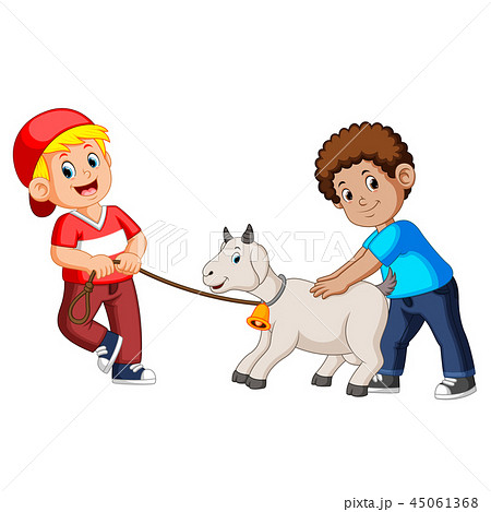 two kids playing with goat two kids playing with goat 45061368