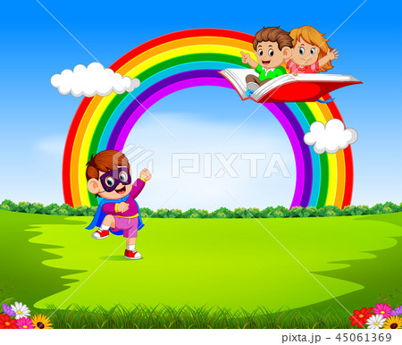 a boy wearing superhero costume with kids flying  45061369
