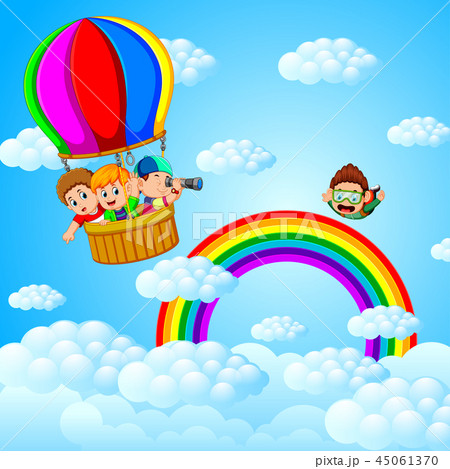 happy kids flying in a hot air baloon and skydiver 45061370