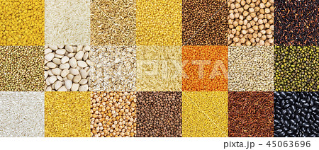Pattern of different cereals, grains, rice and beans backgrounds Pattern of different cereals, grains, rice and beans backgrounds 45063696