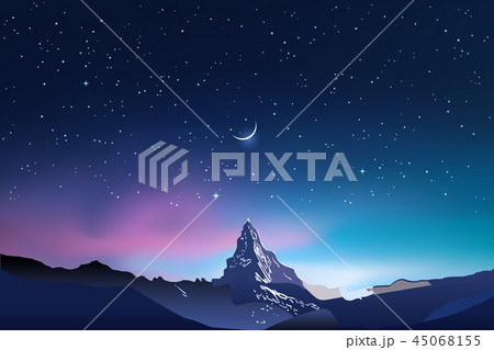 Snowy mountains, pink and blue night sky landscape with stars Snowy mountains, pink and blue night sky landscape with stars 45068155