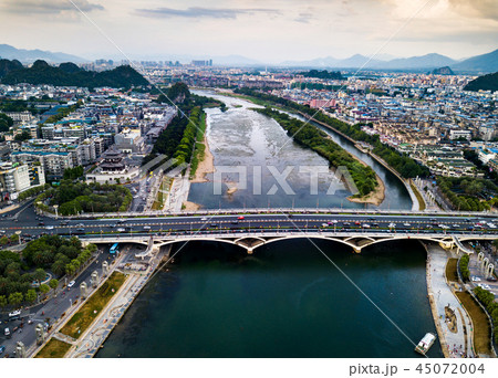 Guilin city and bridge over Li river aerial view Guilin city and bridge over Li river aerial view 45072004