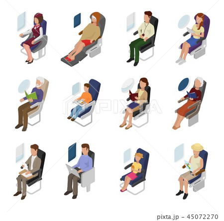 Airplane passenger vector people businessman woman character sitting in plane near window Airplane passenger vector people businessman woman character sitting in plane near window 45072270