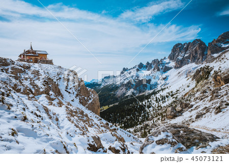 First snow in Dolomites, Rosegarten, refugio Vajolet. Beauty world First snow in Dolomites, Rosegarten, refugio Vajolet. Beauty world 45073121