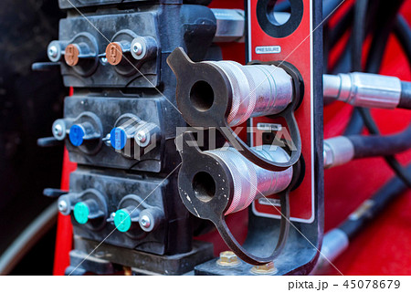 Close up lift hitch. Hydraulic equipment of a modern tractor Close up lift hitch. Hydraulic equipment of a modern tractor 45078679
