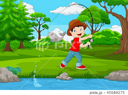 Little boy fishing on the lake 45089275