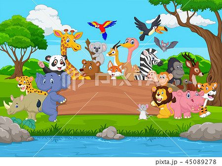 Cartoon wild animal with blank board in the jungle Cartoon wild animal with blank board in the jungle 45089278