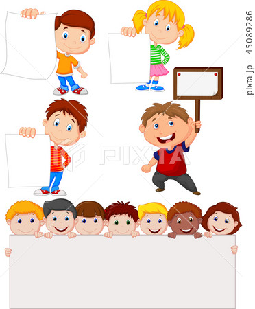 Cartoon children holding blank sign 45089286