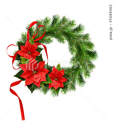 Christmas wreath from pine twigs and poinsettia Christmas wreath from pine twigs and poinsettia 45089462