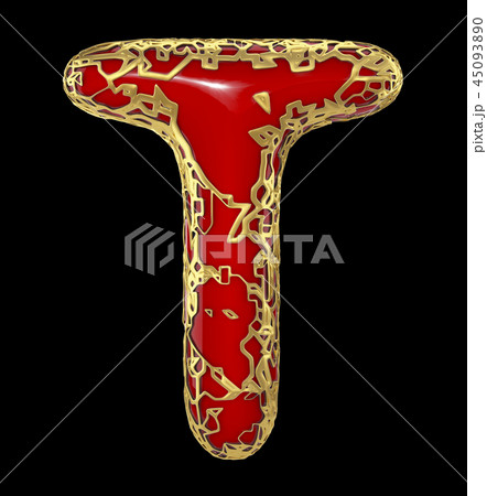 Golden shining metallic 3D with red paint symbol capital letter T - uppercase isolated on black. 3d Golden shining metallic 3D with red paint symbol capital letter T - uppercase isolated on black. 3d 45093890