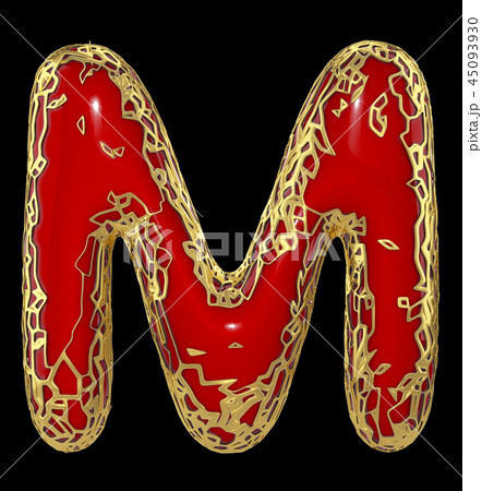 Golden shining metallic 3D with red paint symbol capital letter M - uppercase isolated on black. 3d 45093930
