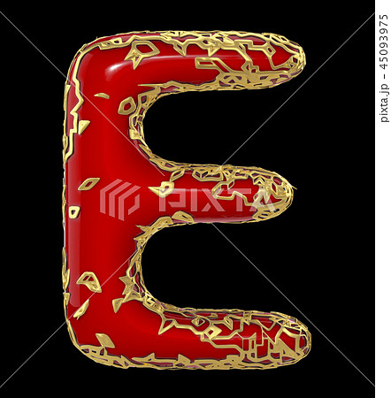 Golden shining metallic 3D with red paint symbol capital letter E - uppercase isolated on black. 3d 45093975