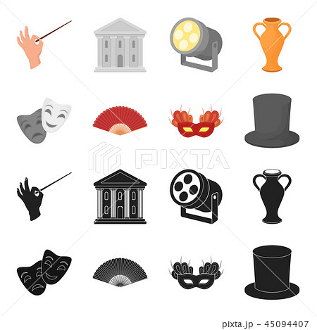 Theatrical mask, cylinder, fan, mask on the eyes. Theater set collection icons in black,cartoon Theatrical mask, cylinder, fan, mask on the eyes. Theater set collection icons in black,cartoon 45094407