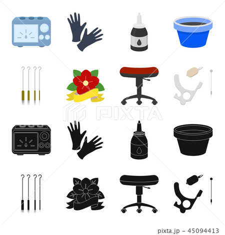 Chair on rollers, needles for tattoo and other equipment. Tattoo set collection icons in black 45094413