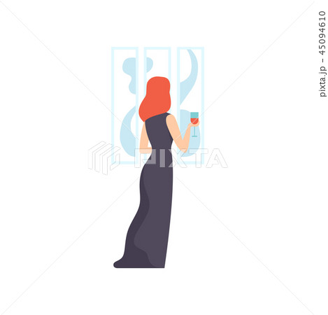 Woman in black dress looking at the painting hanging on the wall, female exhibition visitor viewing 45094610