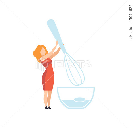Young woman standing with whisk and bowl, faceless girl in casual clothes holding kitchen tool 45094622