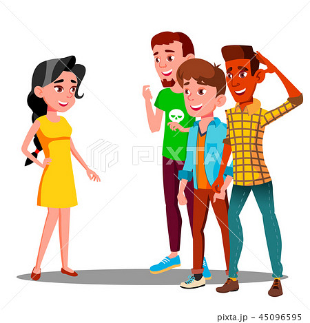 Group Of Young Guys Watching After A Beautiful Girl Vector. Isolated Illustration Group Of Young Guys Watching After A Beautiful Girl Vector. Isolated Illustration 45096595