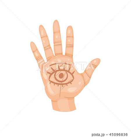 All-seeing eye on the palm. Open human hand with spiritual symbol. Divination theme. Flat vector 45096836