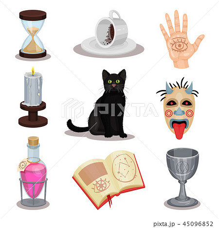 Flat vector set of divination icons. Ritual attributes. Black cat, cup with coffee grounds, potion 45096852