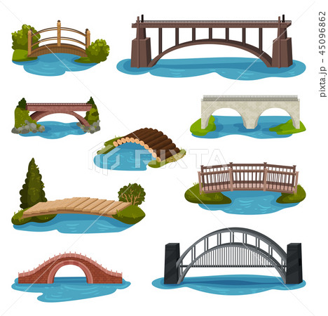 Flat vector set of different bridges. Wooden, metal and brick footbridges. Constructions for Flat vector set of different bridges. Wooden, metal and brick footbridges. Constructions for 45096862