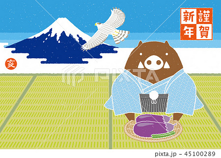 年賀状　イラスト　亥年　一富士二鷹三茄子　ベクター有り 45100289
