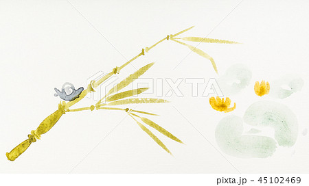 snail crawling along a bamboo trunk over a pond 45102469